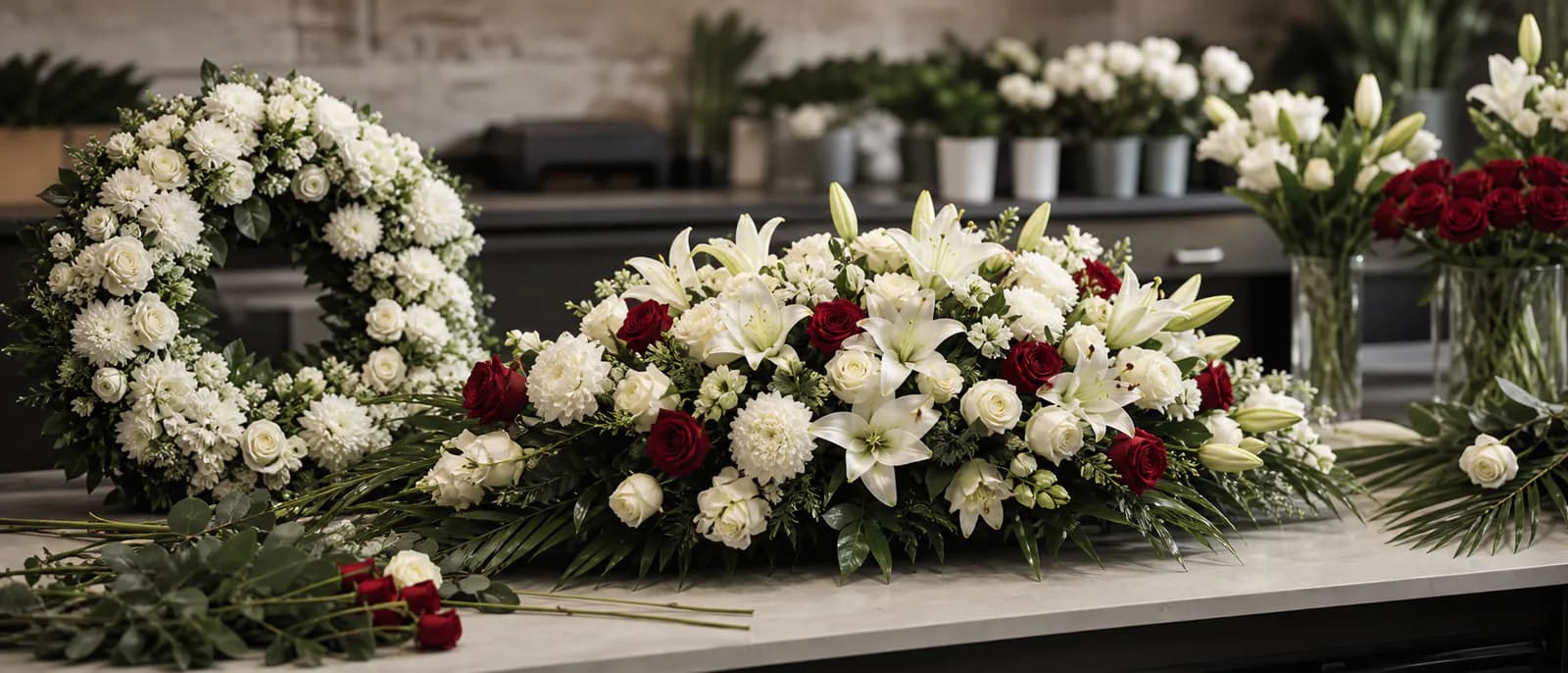 Aranjamente florale funerare cu crini, trandafiri și crizanteme pregătite pentru ceremonie