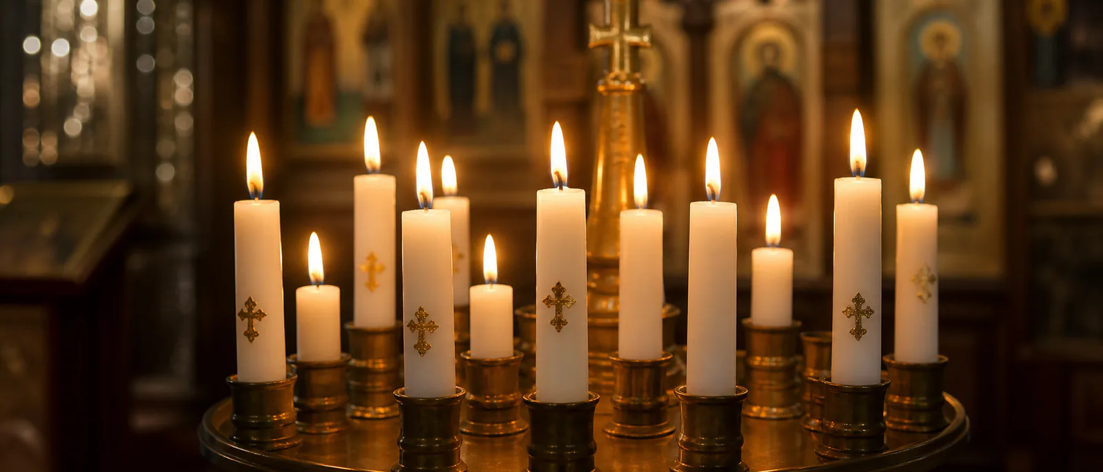 Lumânări funerare ortodoxe aprinse într-un sfeșnic de biserică