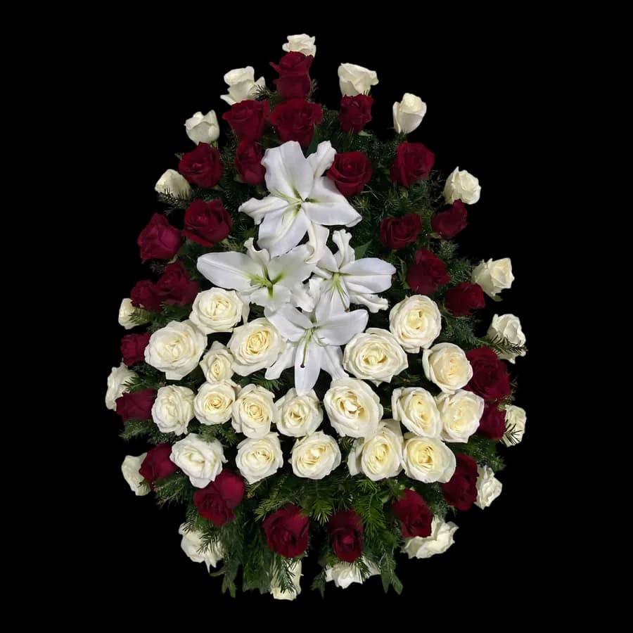 Coroană funerară premium cu crini albi și trandafiri vișiniu pe stativ