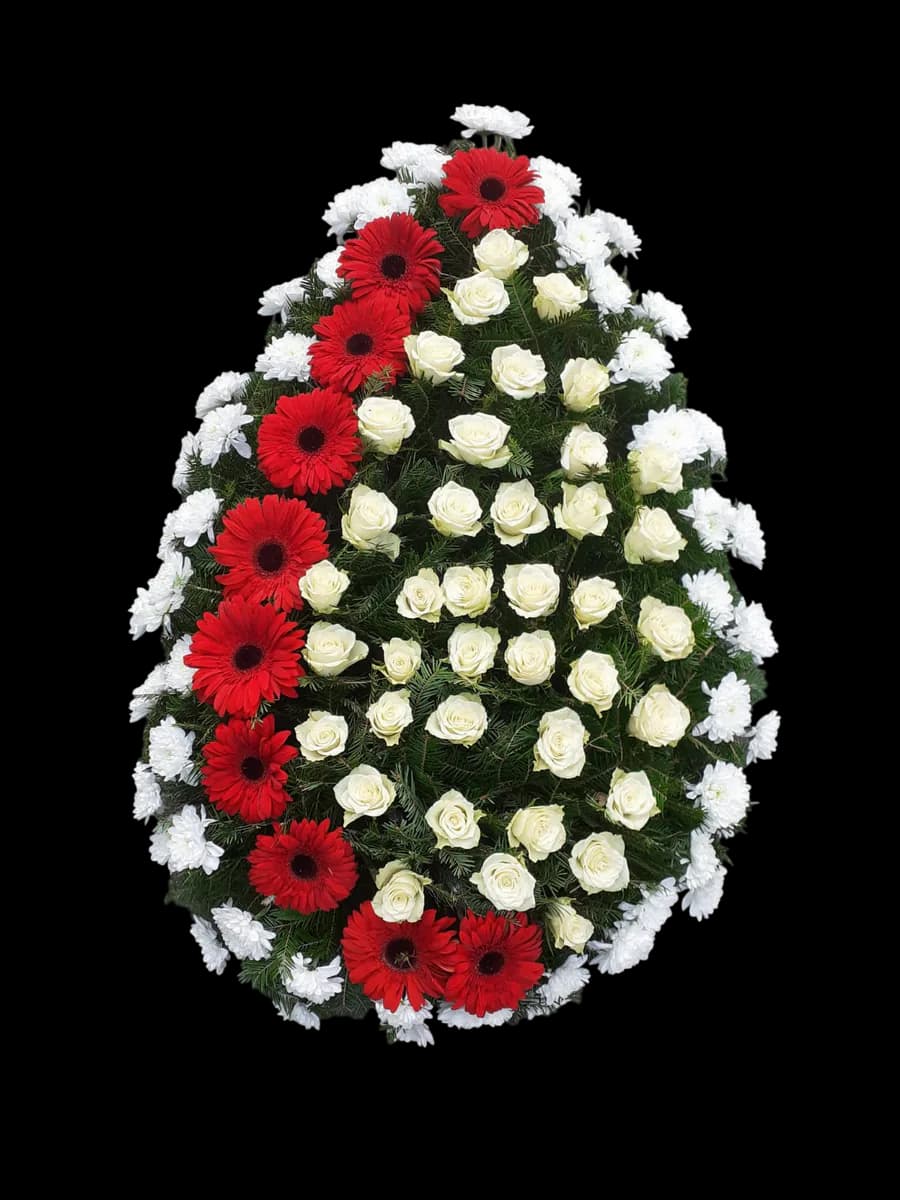 Coroană funerară cu trandafiri albi, gerbere roșii și crizanteme albe pe stativ