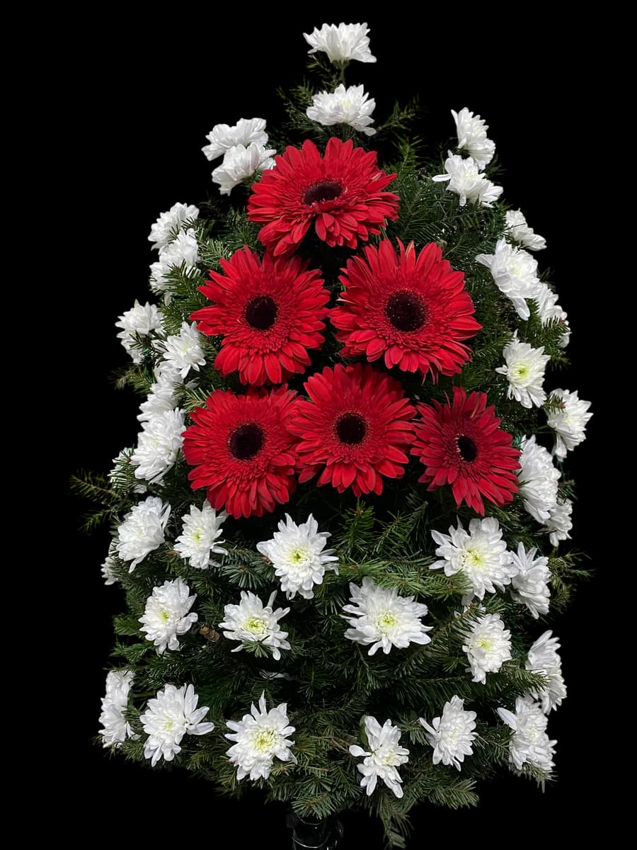 Jerbă funerară conică cu gerbere roșii și crizanteme albe pe stativ