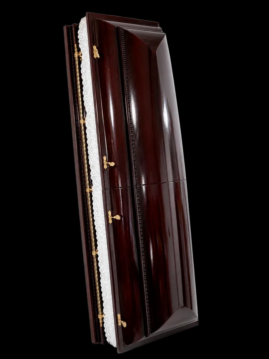 Sicriu bordo premium lucios cu mânere decorative și interior alb