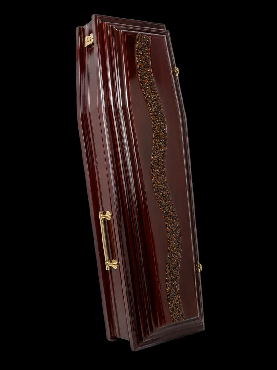 Sicriu mahon premium ornamentat cu interior textil bordo