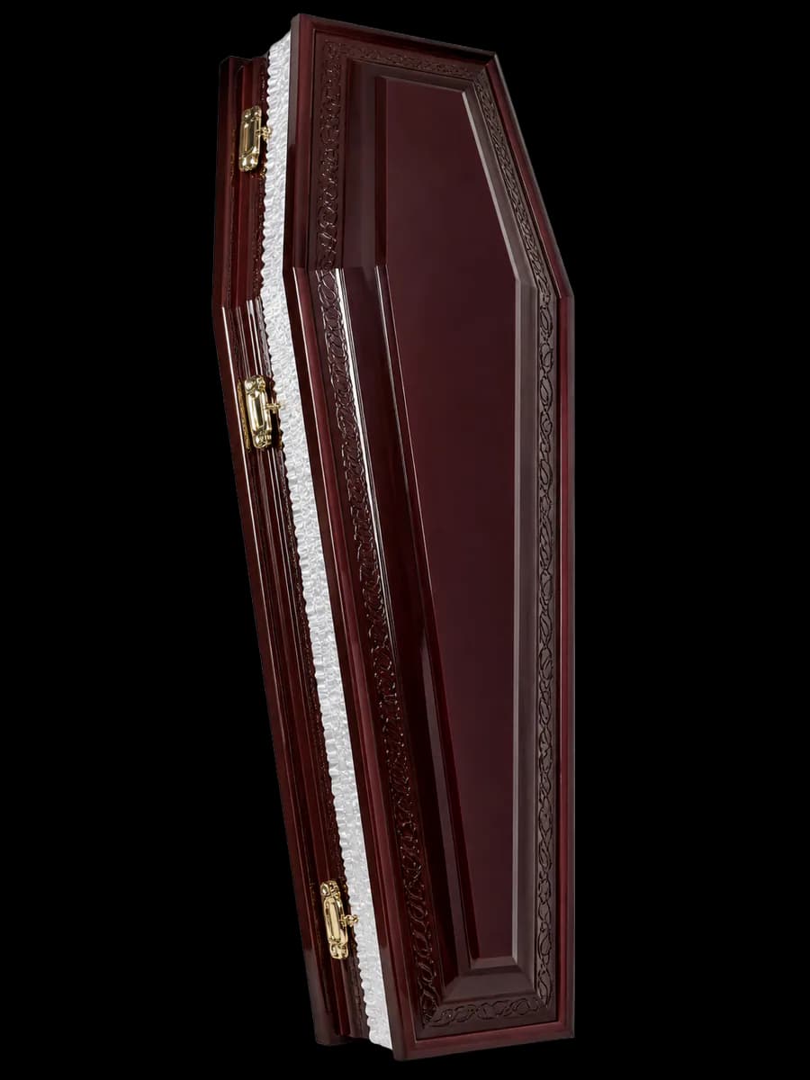Sicriu stejar elegant cu ornamente clasice și interior textil alb